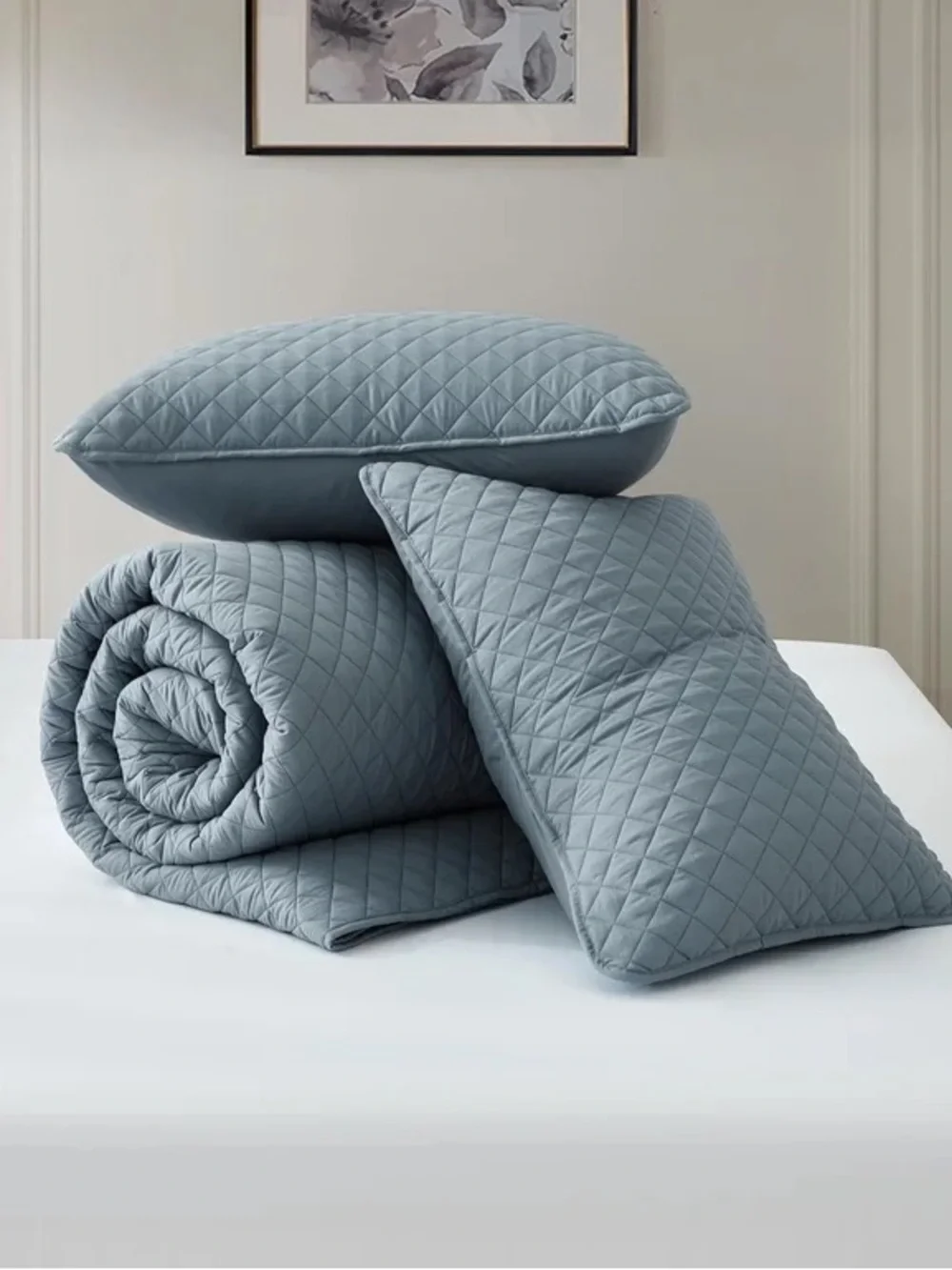 Light Blue Quilted king 3 piece Bedspread Set -